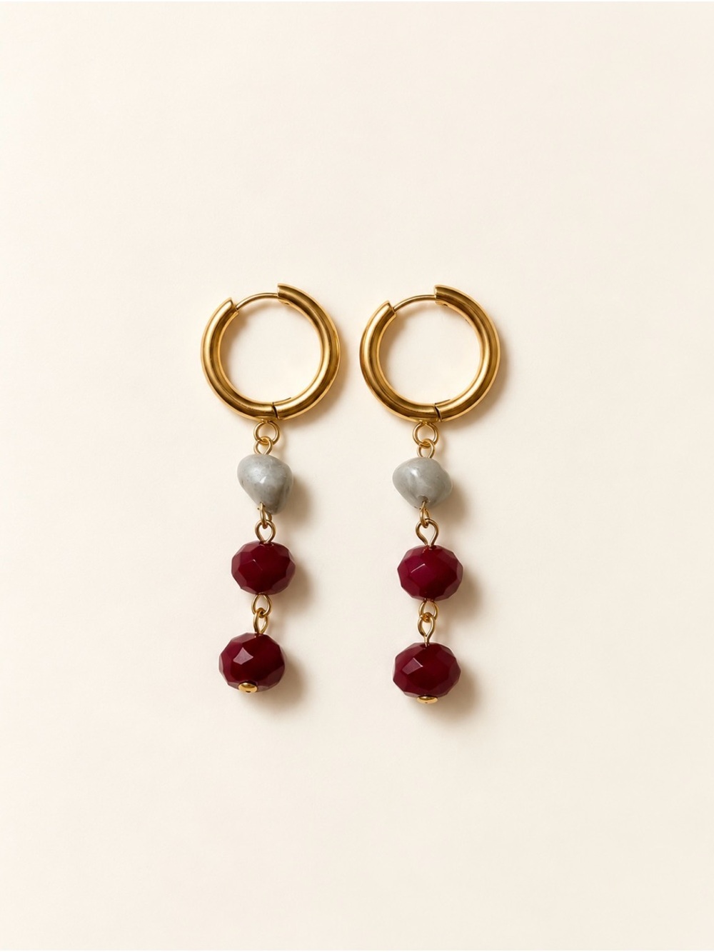 Handmade Gold Hoop Drop Earrings with Red and Gray Beads